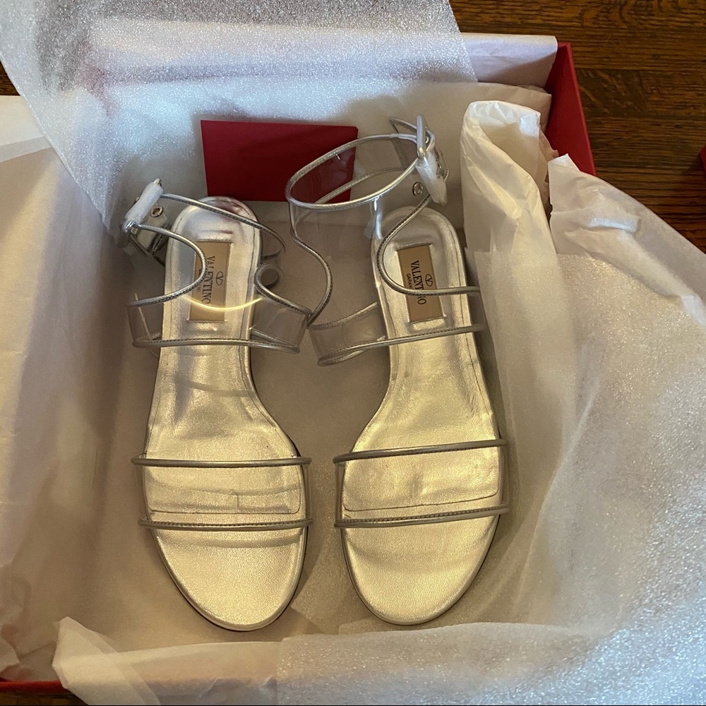 Valentino Garavani Silver Flat PVC Sandals Size 6.5